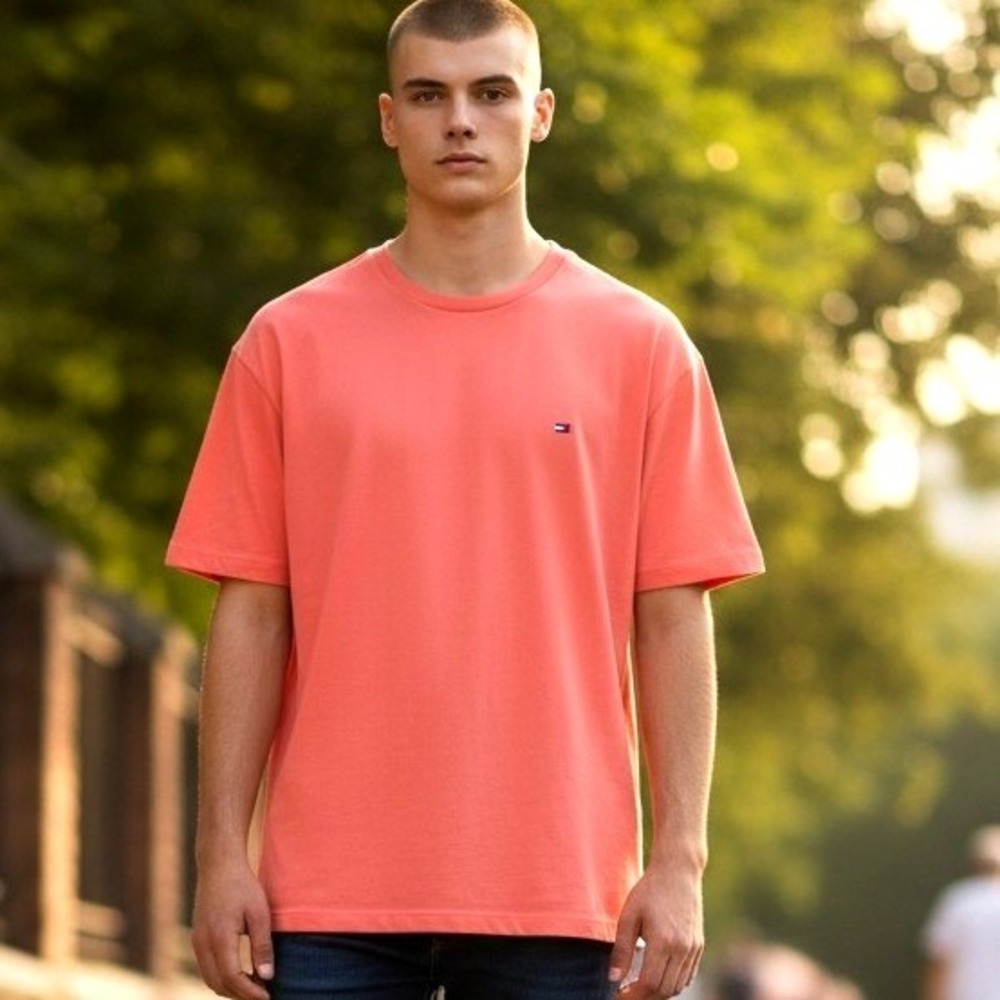 Tommy Hilfiger Mens L T Shirt 100 Cotton Coral Pink Logo Crew Neck Essential Tee
